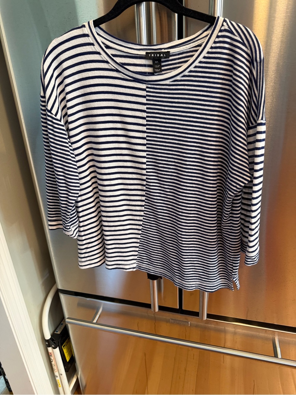 Tribal Navy & White Striped Crew Neck Top